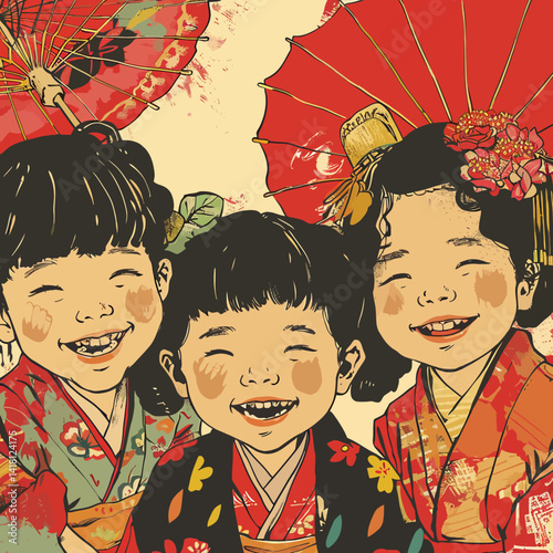 Illustration of children smiling and being happy Japanese