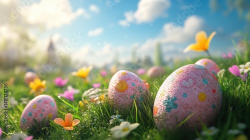 Colorful eggs in meadow