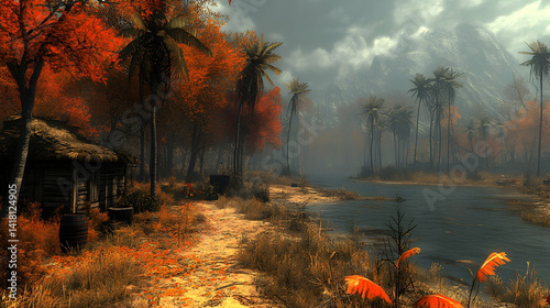 Tropical village near river with orange trees mountains in the distance and a small wooden hut on the left side of a s