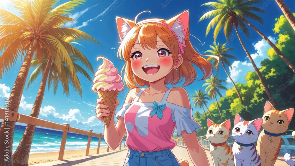 Fototapeta premium Anime girl enjoying ice cream with Neko cats on a beach 
