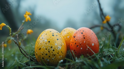 Colorful eggs in meadow