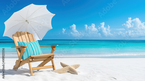 Fototapeta Naklejka Na Ścianę i Meble -  Wooden beach chair with white parasol and starfish inviting to relax on tropical beach