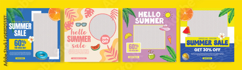 Set of Editable social media post, banner for summer sale discount offer advertising bundle, summer beach pool party square flyer or poster bundle with summer tropical web banner background