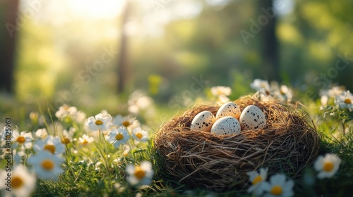Colorful eggs in meadow