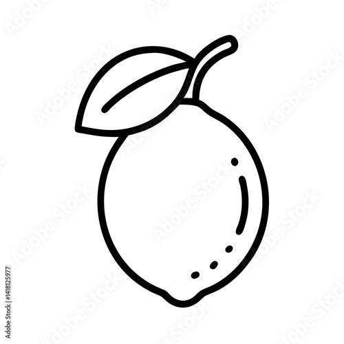 Simple line art illustration of a lemon with a leaf, icon, vector   