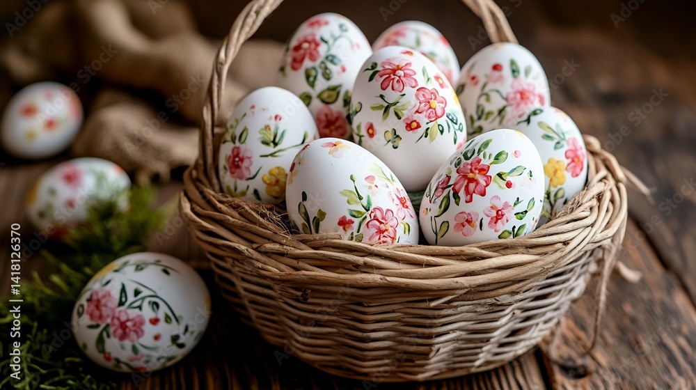 Basket of hand painted Easter eggs with floral patterns on a wooden table
