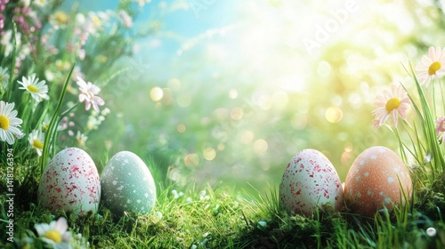 Colorful eggs in meadow