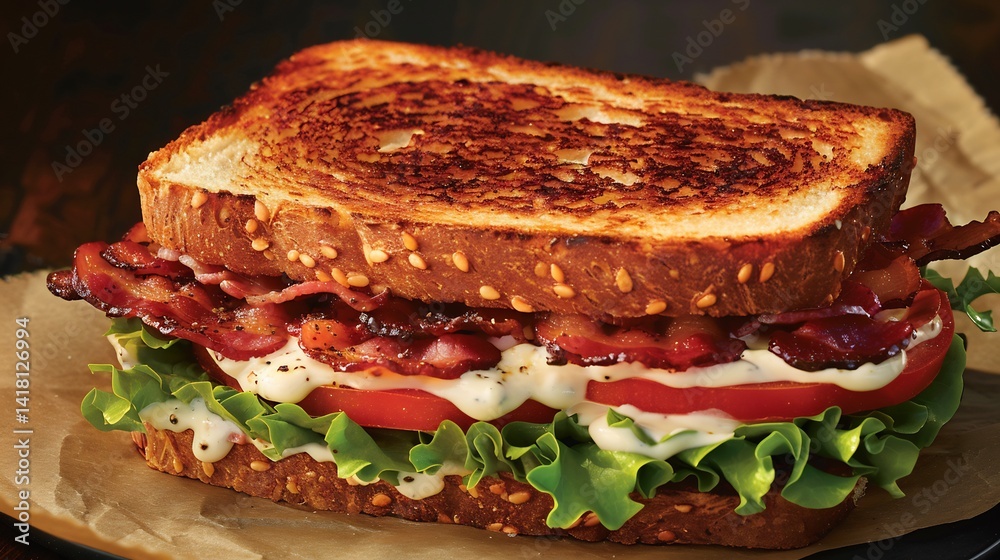 Classic BLT sandwich crispy bacon lettuce and tomato on toasted bread popular American lunch food Classic BLT sandwich crispy bacon lettuce and tomato on toasted bread popular American lunch food