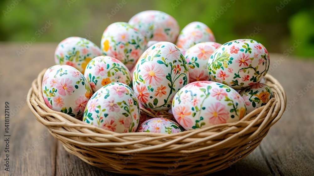 Fototapeta premium Basket of hand painted Easter eggs with floral patterns on a wooden table