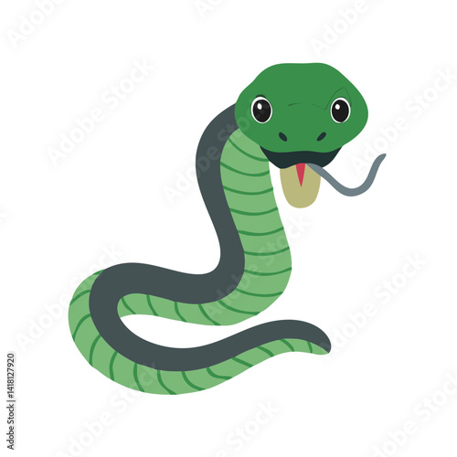 Cartoon Green Snake with Tongue Out on Black Background