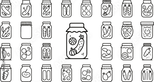 Silhouette illustrations of various jars filled with pickled items