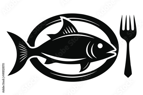 Fish on Plate Vector Silhouette black Seafood Meal Icon with Fork