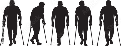  Silhouette illustration of a person walking with crutches in various postures