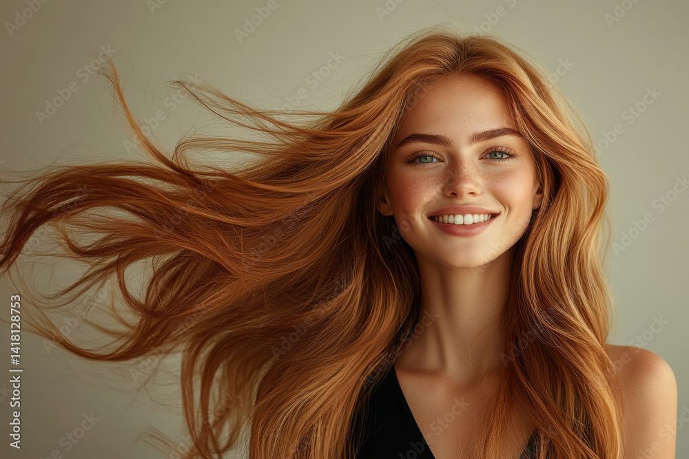 Fototapeta premium Woman w/ long red hair looking out window, raindrops tracing paths down glass, soft city lights peeking through fog, creating dreamy reflection, serene moment captured.