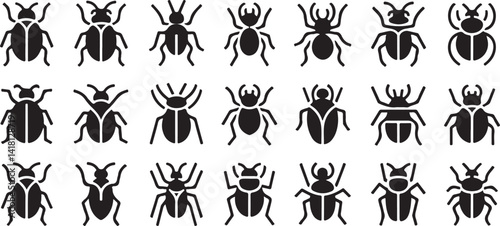 A collection of black and white silhouettes of beetles and insects