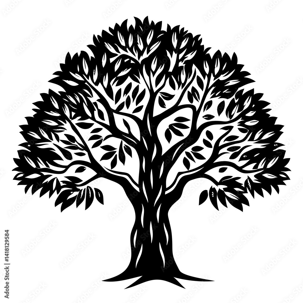 Obraz premium Elegant Black and White Tree Illustration with Dense Foliage and Textured Trunk