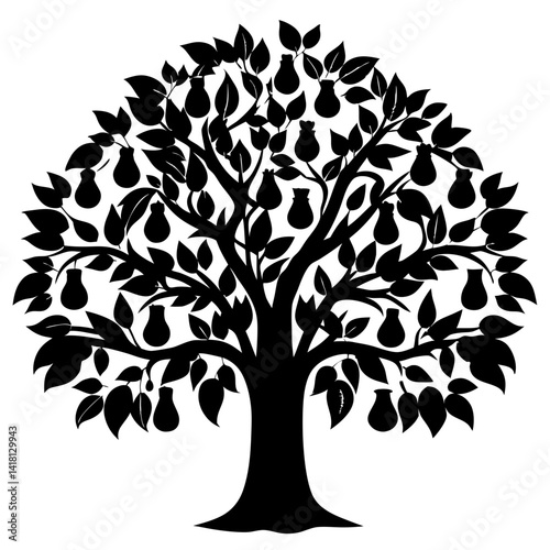 Silhouette of a bountiful fruit tree with dense leaves and many pears