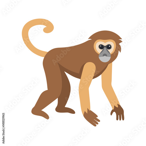 Cartoon Gibbon Illustration: Brown Primate Standing on Black Background