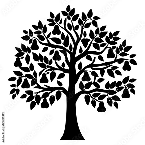 Black silhouette of a pear tree full of fruit on white background
