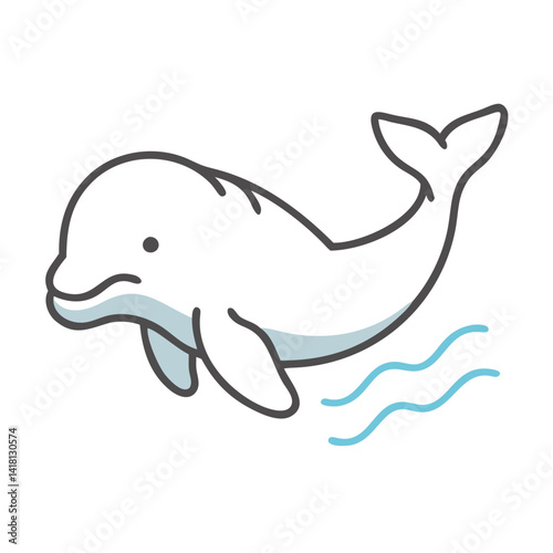 Cute cartoon dolphin swims in ocean waves cheerfully