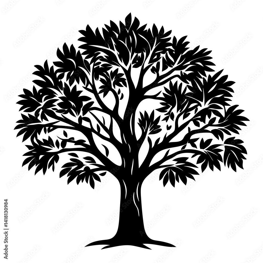Obraz premium Black and White Silhouette of a Lush, Round Tree with Abundant Leaves