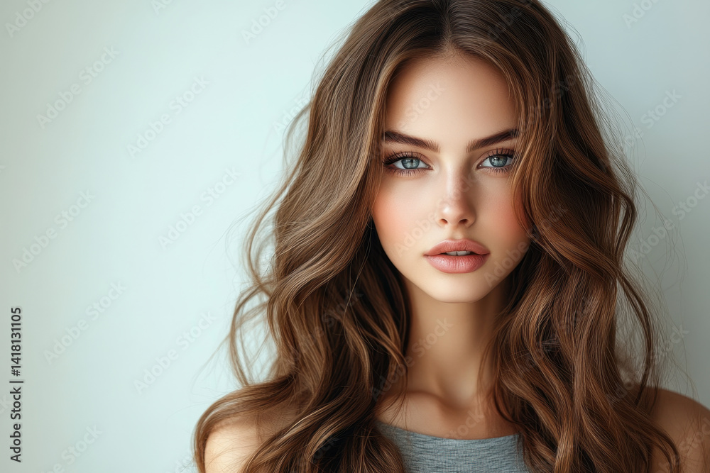 Fototapeta premium Woman with long brown hair and blue eyes, standing on a sandy beach at sunset, gazing out at the ocean with a serene expression.