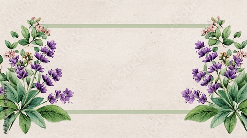 Vintage floral frame with lavender and leaves on paper background