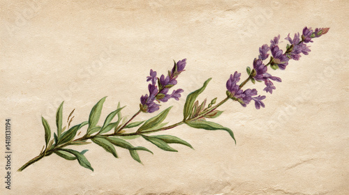 Vintage botanical illustration of lavender flower on parchment background