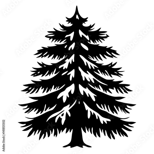 Silhouette of a coniferous tree isolated against a white background landscape