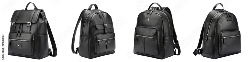 Naklejka premium Four Views of Black Leather Backpack, Isolated on Transparent Background, 3D Render, Product Mockup, Backpack, Leather, Mockup