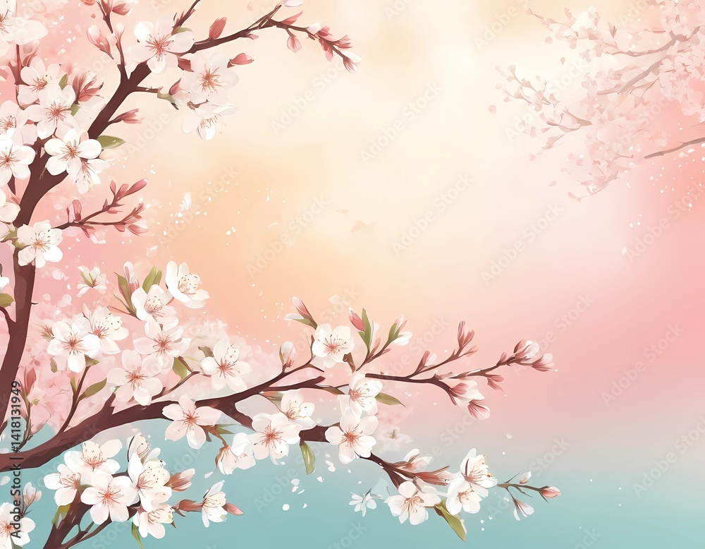 Obraz premium Cherry blossoms create a breathtaking display against a dreamy twilight backdrop. Soft colors blend harmoniously, embodying the essence of spring's renewal and beauty Generative AI