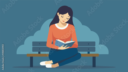 A young woman nestled on a bench her eyes closed in concentration while her fingers trace the words of a small Bible in her hands.. Vector illustration