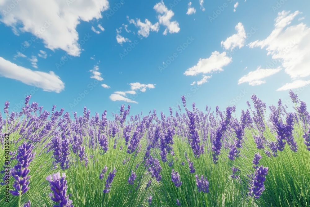 Obraz premium Lavender fields under a bright blue sky on a sunny day in summer