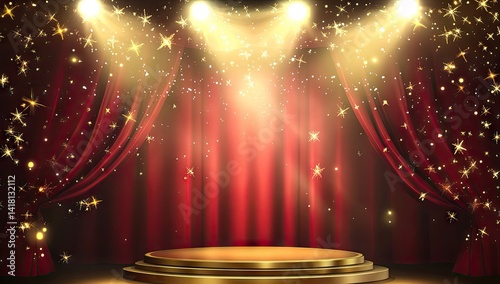 Illuminated stage with red curtains and golden podium