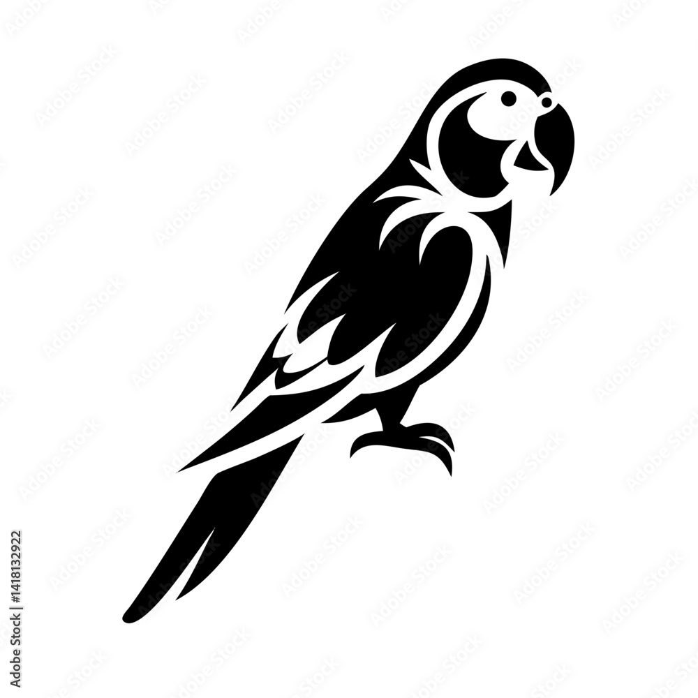 Obraz premium Black and white vector illustration depicts a wild flying parrot, a black silhouette of a macaw with detailed wings, showcasing nature's art