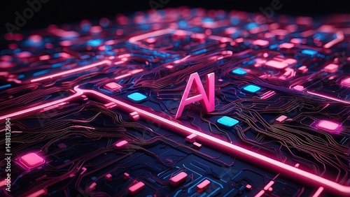 A futuristic digital abstract image featuring glowing pink and blue lines and circuits