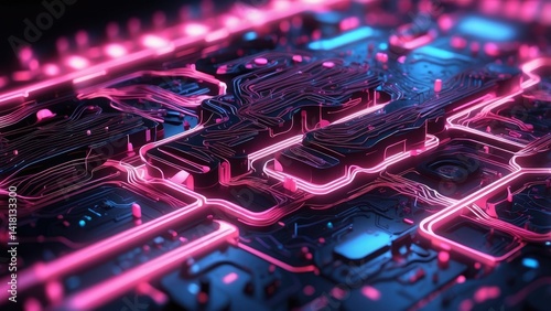 A futuristic digital abstract image featuring glowing pink and blue lines and circuits