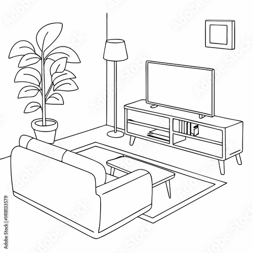 Continuous line interior with sofa, plant and lamp. One line drawing of Living room with modern furniture editable stroke. Single line. Handdraw contour. Flower in pot. Doodle vector