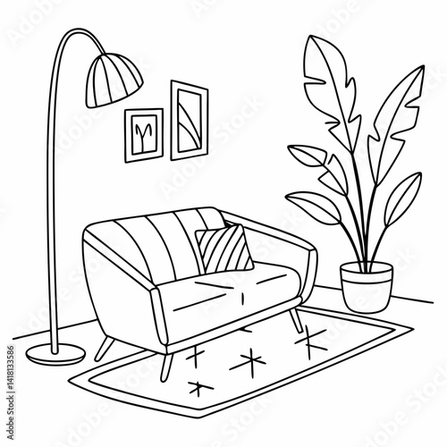 Continuous line interior with sofa, plant and lamp. One line drawing of Living room with modern furniture editable stroke. Single line. Handdraw contour. Flower in pot. Doodle vector
