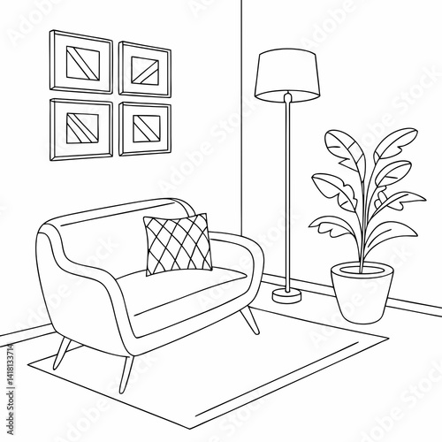 Continuous line interior with sofa, plant and lamp. One line drawing of Living room with modern furniture editable stroke. Single line. Handdraw contour. Flower in pot. Doodle vector
