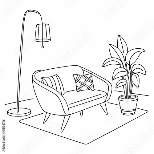 Continuous line interior with sofa, plant and lamp. One line drawing of Living room with modern furniture editable stroke. Single line. Handdraw contour. Flower in pot. Doodle vector