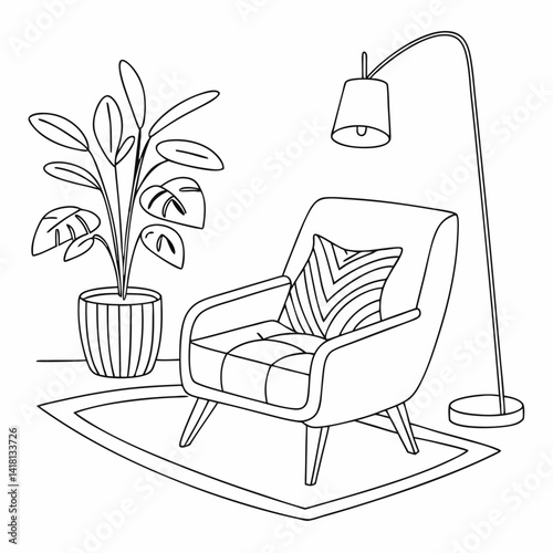 Continuous line interior with sofa, plant and lamp. One line drawing of Living room with modern furniture editable stroke. Single line. Handdraw contour. Flower in pot. Doodle vector
