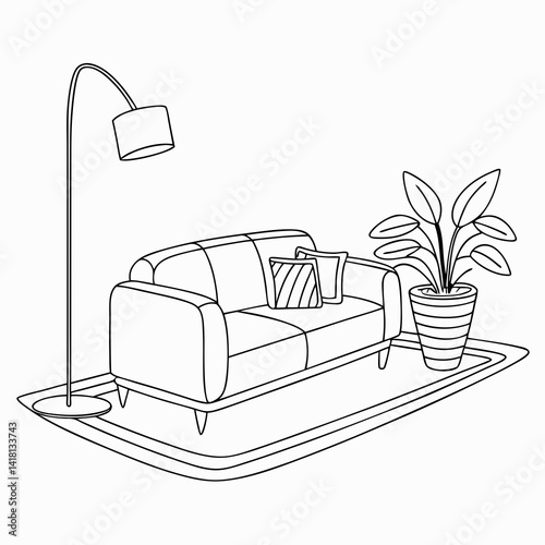 Continuous line interior with sofa, plant and lamp. One line drawing of Living room with modern furniture editable stroke. Single line. Handdraw contour. Flower in pot. Doodle vector