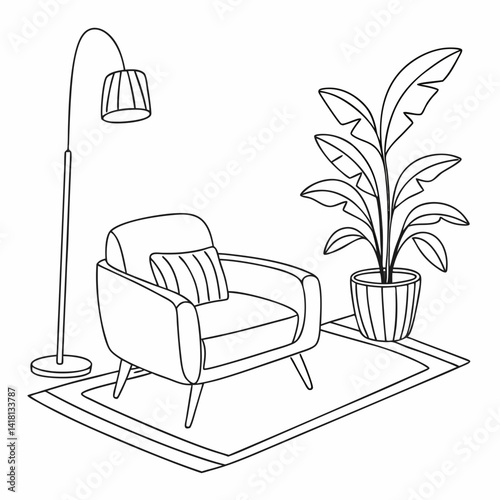 Continuous line interior with sofa, plant and lamp. One line drawing of Living room with modern furniture editable stroke. Single line. Handdraw contour. Flower in pot. Doodle vector