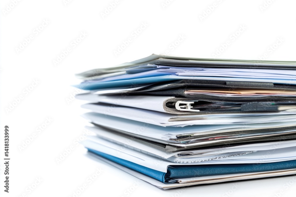 A large stack of various documents and folders, showcasing office paperwork. A large stack of various documents and folders, showcasing office paperwork.
