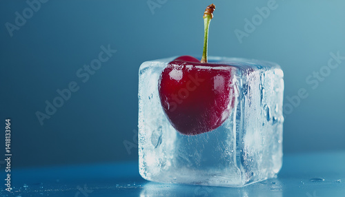 Frozen ice cube with fresh cherry on frozen blue background photo