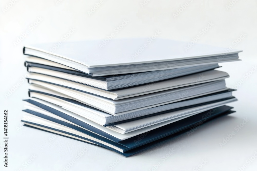 A neat stack of white and navy blue notebooks or documents, suggesting organization and knowledge. A neat stack of white and navy blue notebooks or documents, suggesting organization and knowledge.