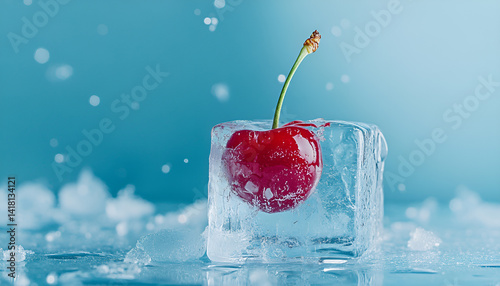 Frozen ice cube with fresh cherry on frozen blue background photo