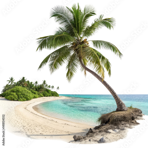 Tropical Beach Scene Single Palm Tree on Sandy Cove, Isolated on Transparent Background, Paradise Island, Beach, Island, Palm Tree