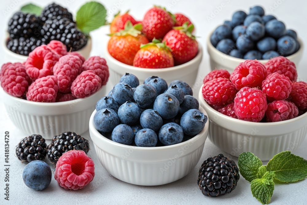 Fresh Berries Arranged in Small Bowls on a White Surface Fresh Berries Arranged in Small Bowls on a White Surface